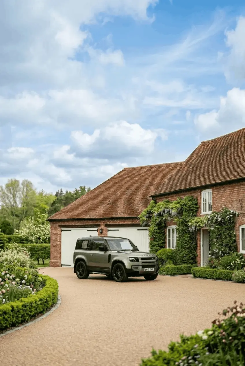 Land Rover Defender parked on a golden resin bound driveway outside a period brick cottage in Berkshire — installed by SureLay UK